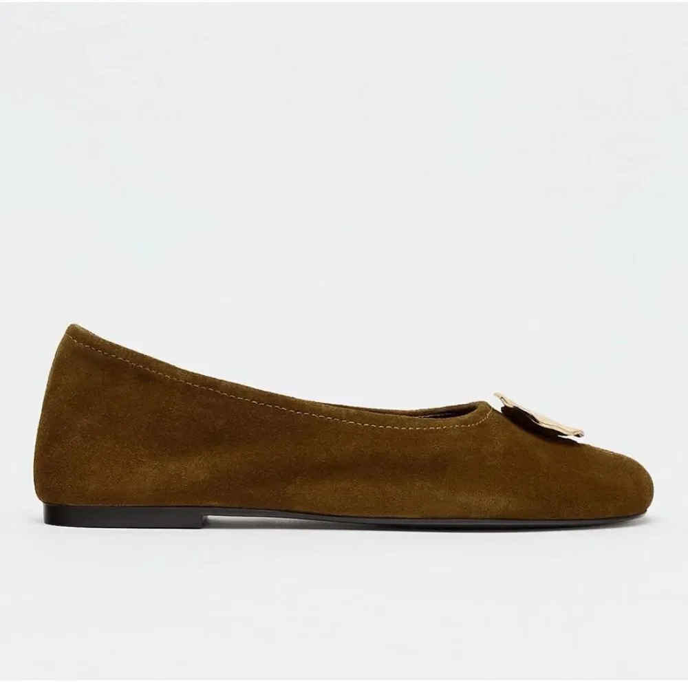 ZARA SUEDE gold buckle flats